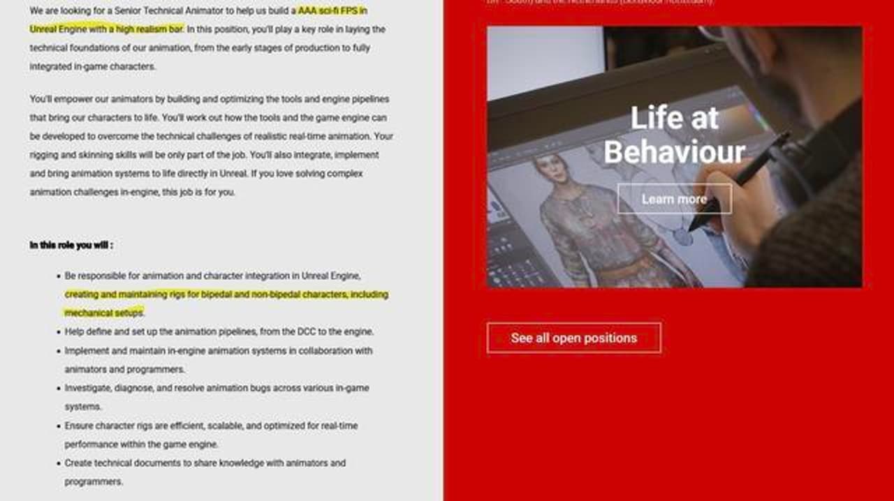 Oferta de empleo para un animador técnico sénior en Behaviour Interactive.