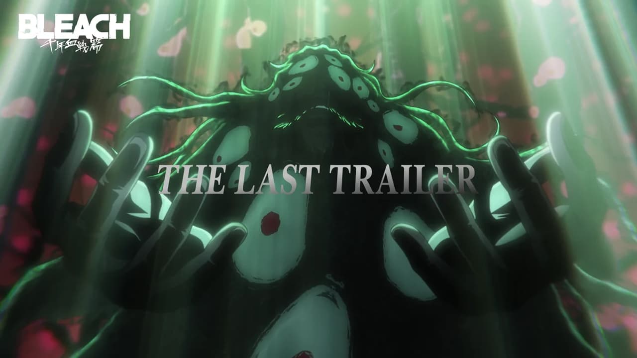 Fotograma del tráiler final de Bleach: Thousand-Year Blood War con una figura ominosa y luces brillantes de fondo.