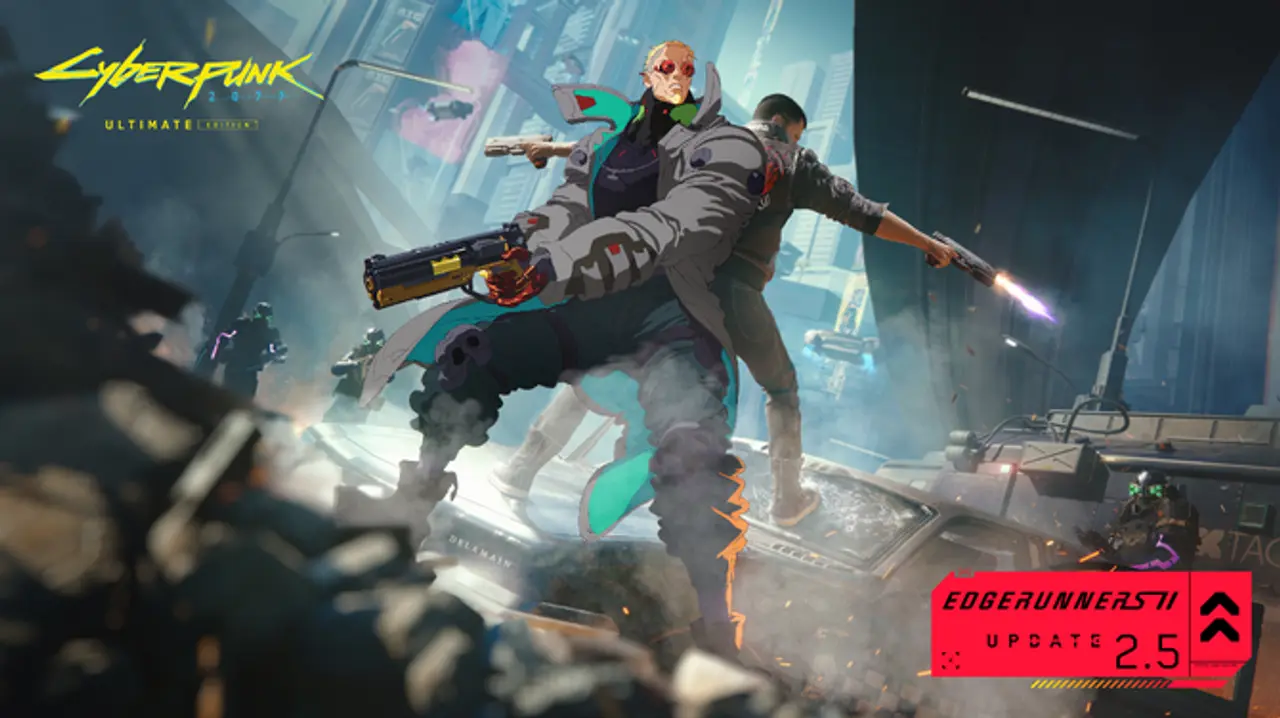Ilustración de personajes de Cyberpunk 2077 en un entorno futurista.