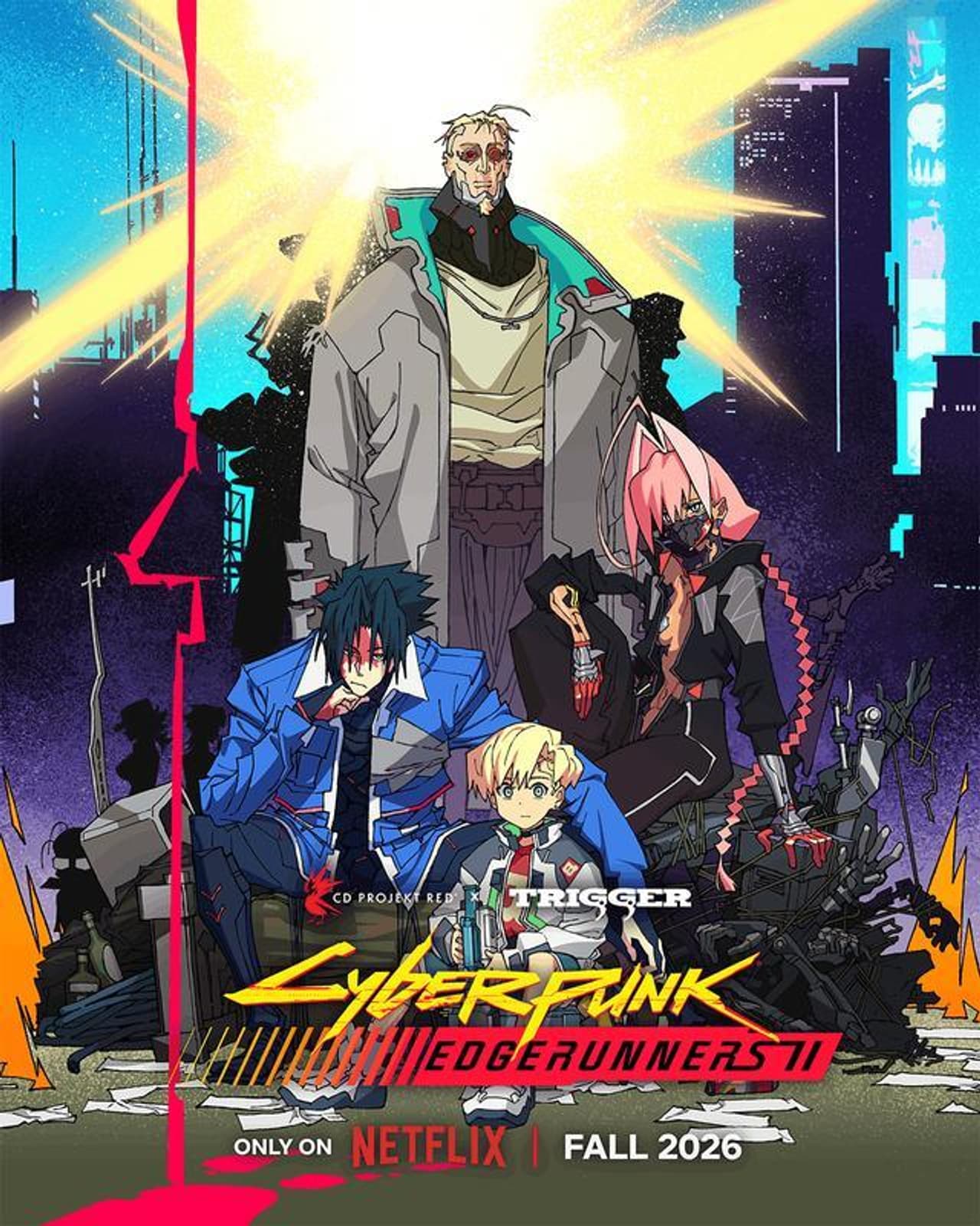 Varios personajes del anime con un fondo futurista y explosiones.