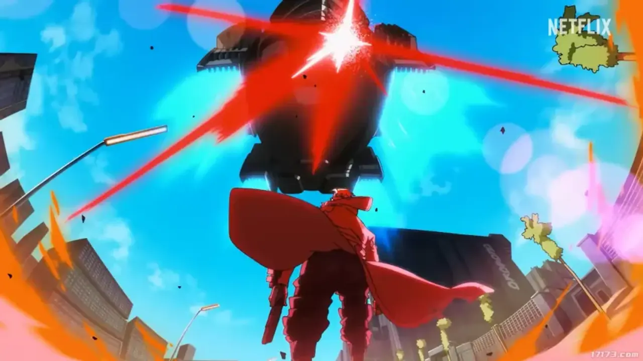 Un personaje con capa y armas se enfrenta a una nave voladora que lanza rayos rojos.