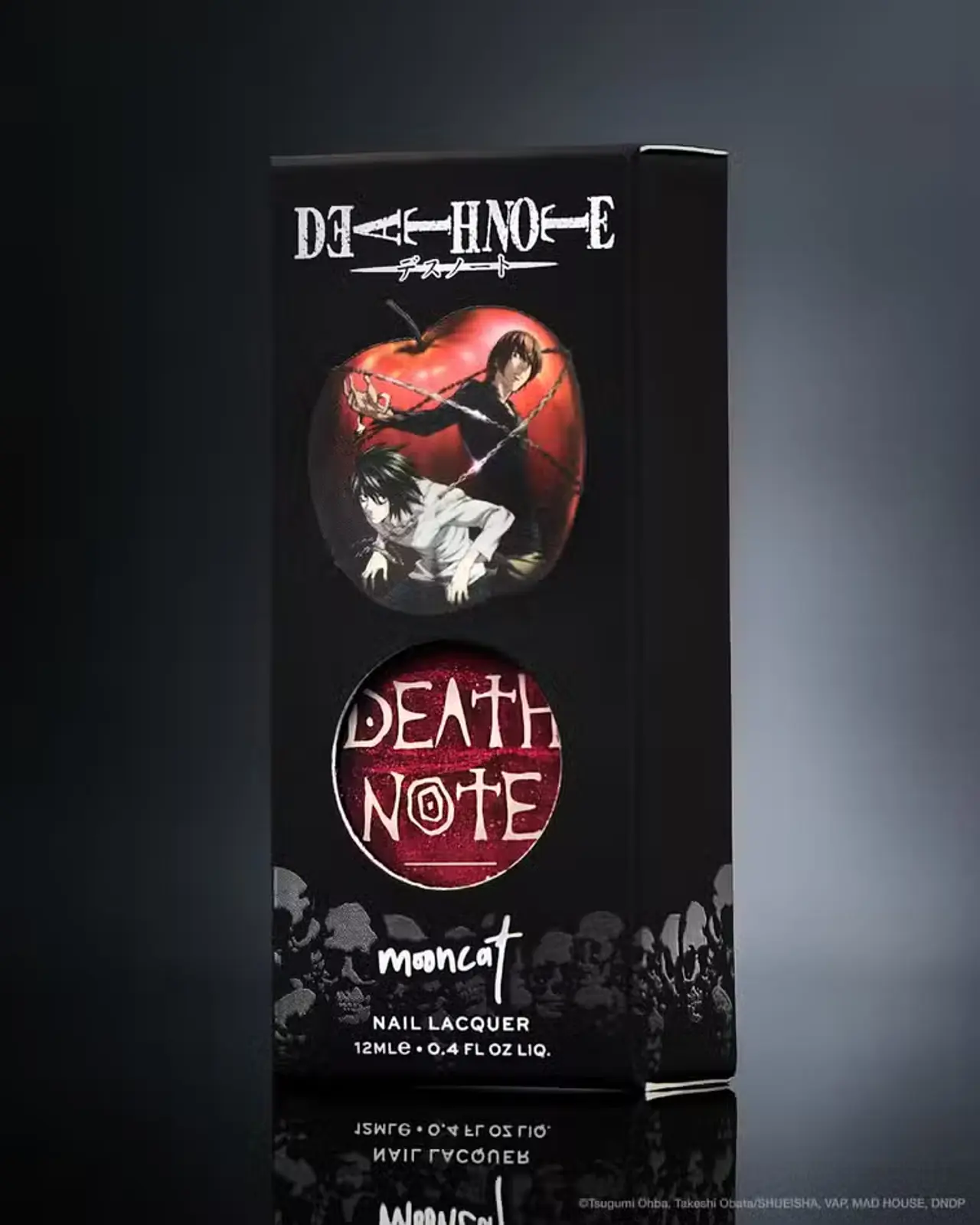 Envase de esmalte de uñas de la colección DEATH NOTE y Mooncat.