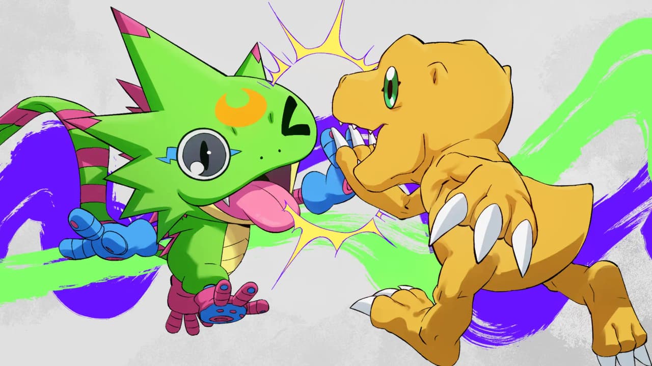 Se ven dos personajes de anime, uno verde y otro amarillo, interactuando de manera amistosa.