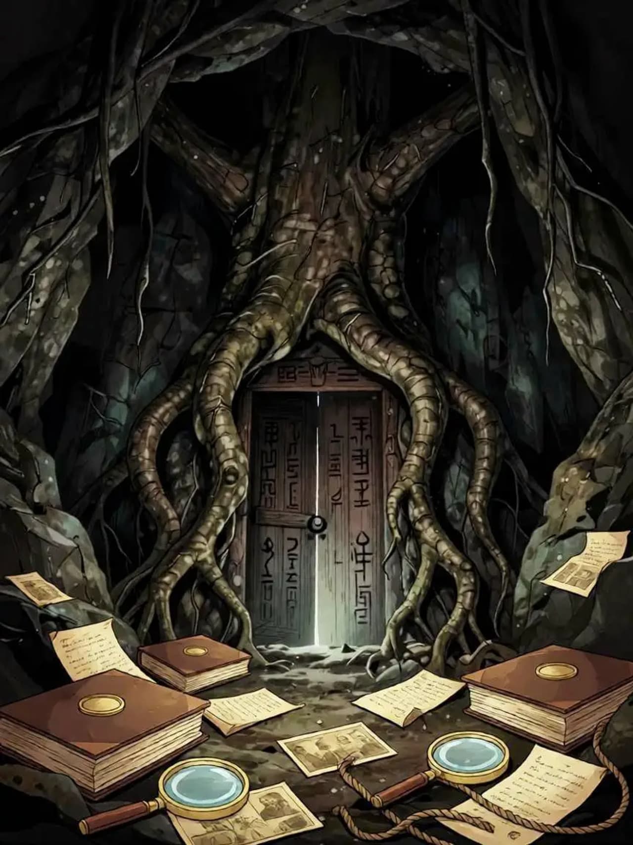 Escena animada de Guishi 2028 con personajes en un entorno oscuro rodeados de libros y objetos extraños.
