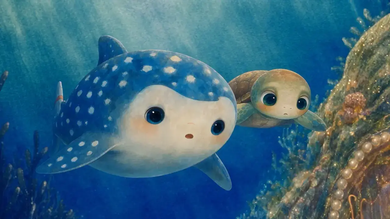 Dos criaturas marinas en un entorno submarino colorido, tal y como aparecen en el tráiler.