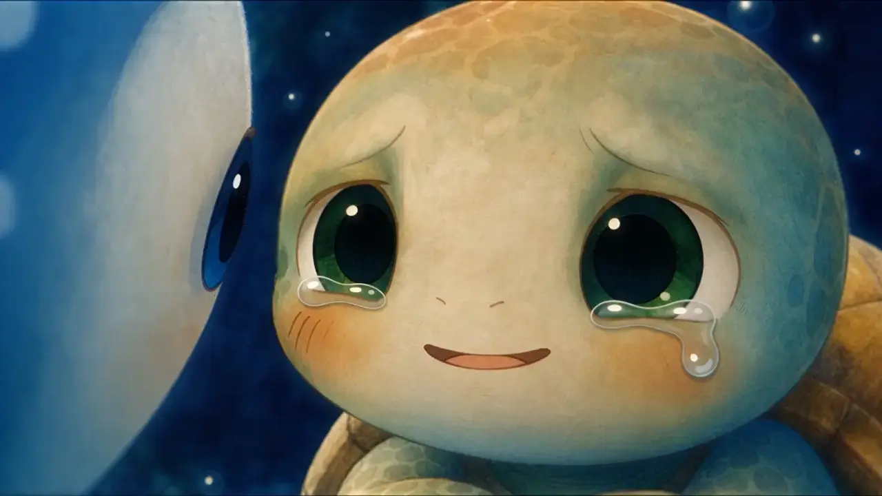 Una tortuga con ojos grandes y lágrimas mira a otra criatura en una escena del anime.