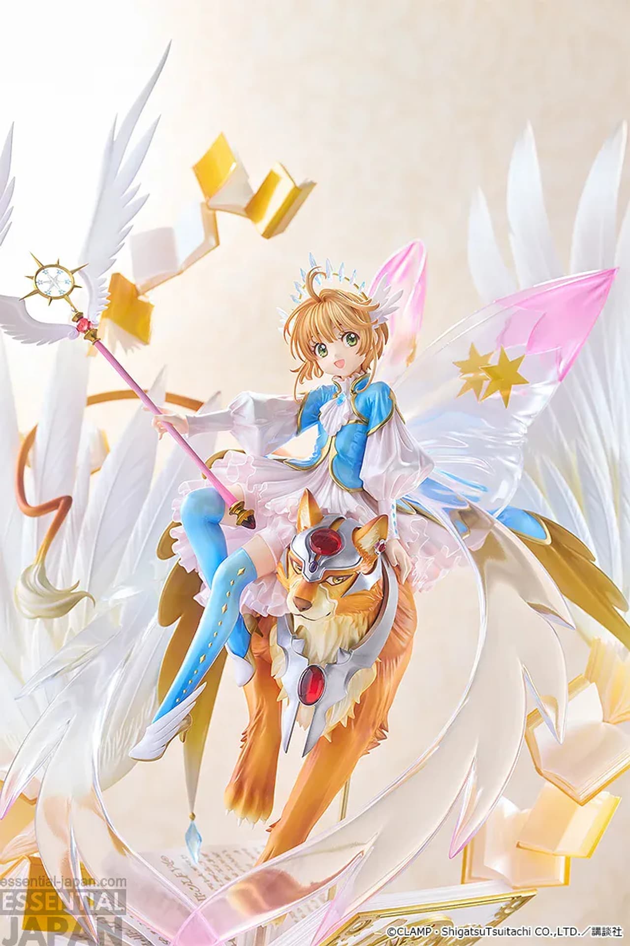 Detail of the Sakura figure with her white and blue swallowtail-style outfit.
