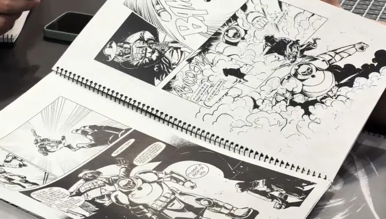 Páginas de un cómic en blanco y negro con ilustraciones de acción.