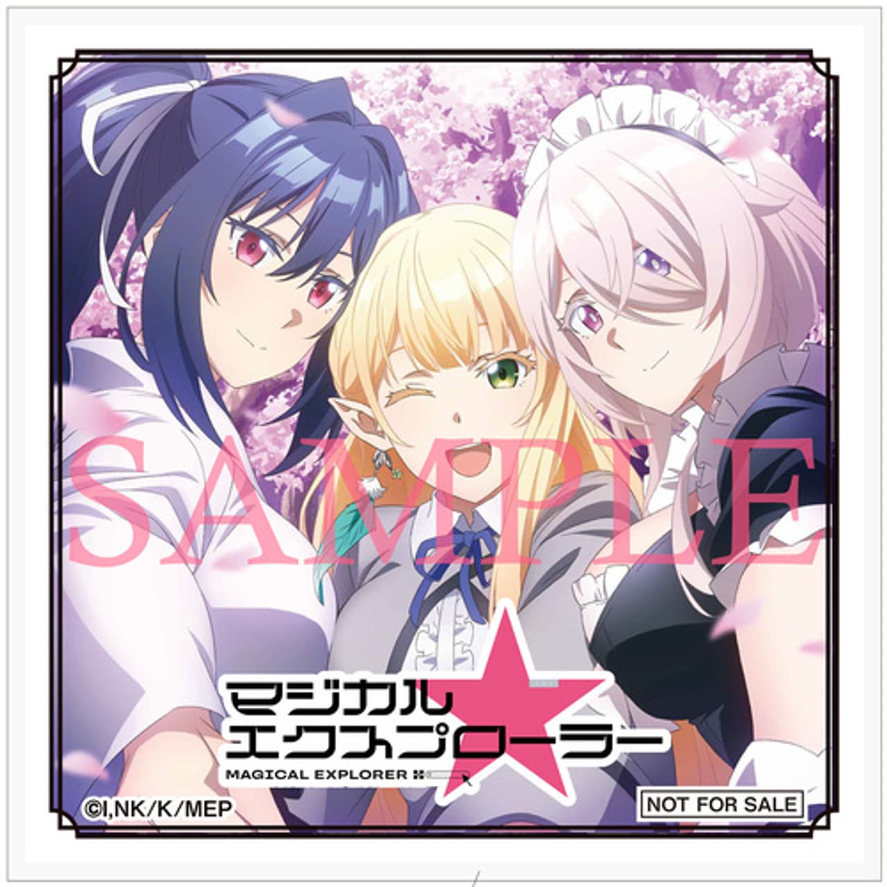 Tres personajes del anime Magical★Explorer posan juntos con un fondo de flores.