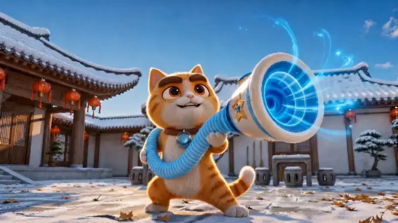 Un gato animado sostiene un megáfono en un entorno de estilo tradicional chino con nieve.