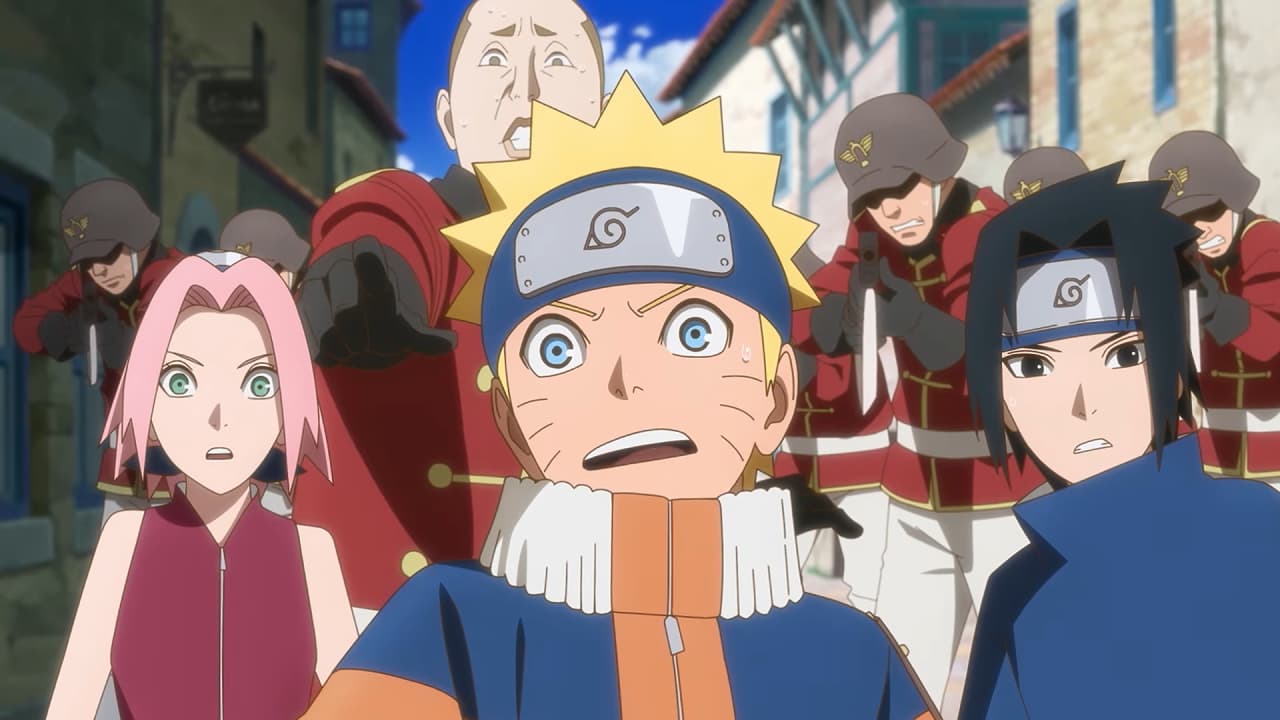 Naruto y otros personajes muestran expresiones de sorpresa en un entorno urbano.