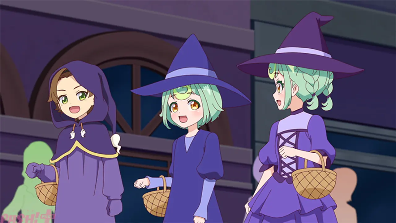 Tres personajes con disfraces de brujas en un ambiente festivo.