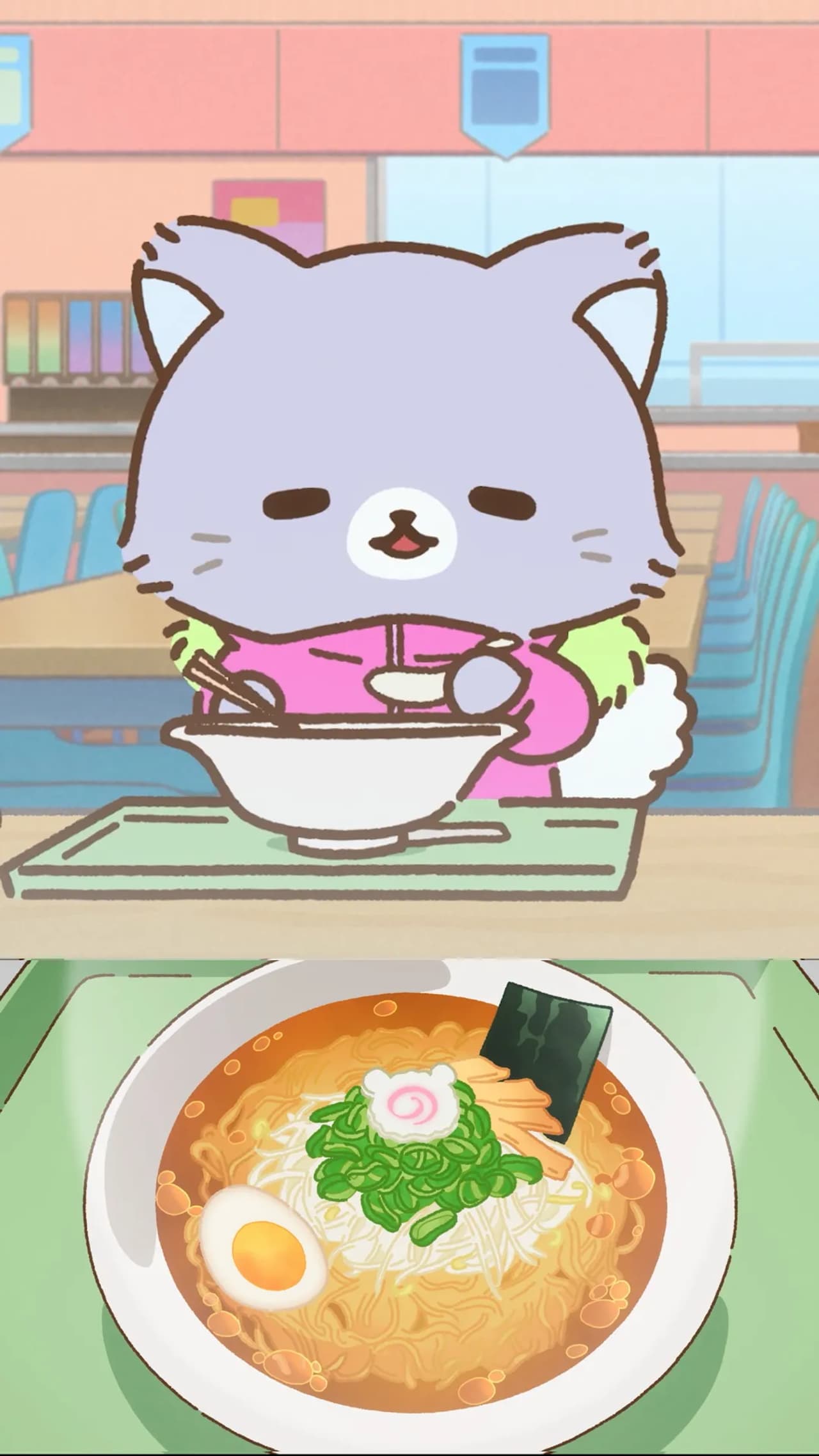 ラーメンの皿を前に、キッチンで料理をするあわわねこ。