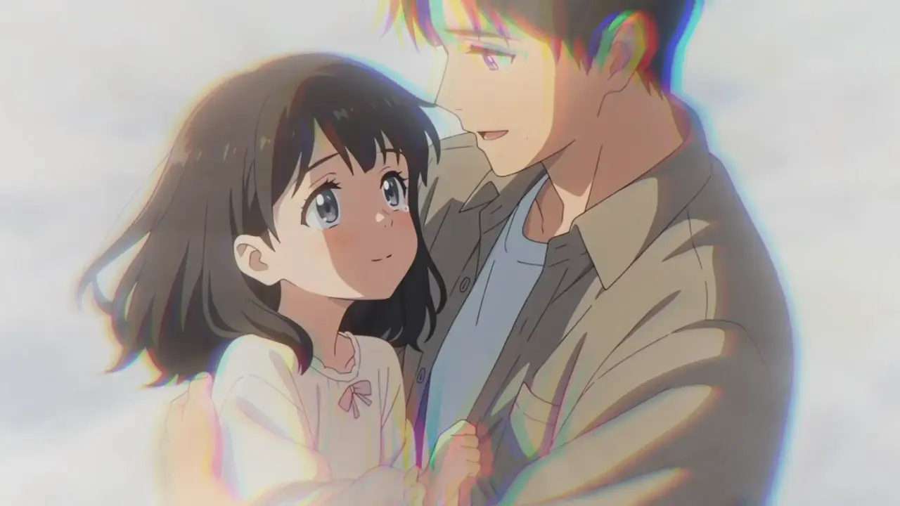 Rei Shinomiya hugs his daughter Hikari in a scene from the film.