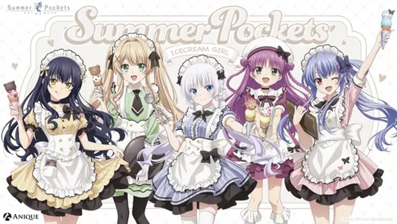 Naruse Shiroha, Sorakado Ao, Kushima Kamome, Tsumugi Wenders y Kato Umi con helados en las manos.
